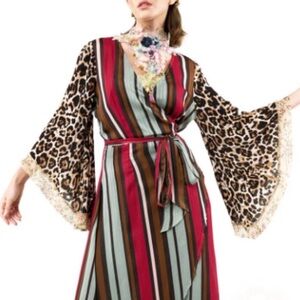 Aratta Charlotte Elegant Multicolor Striped and Leopard High Low Dress